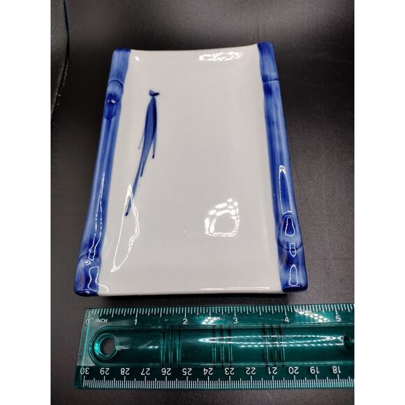 Japanese Traditional Porcelain Bamboo Plate Set Service of 4 ~ Blue & White - Picture 10 of 12